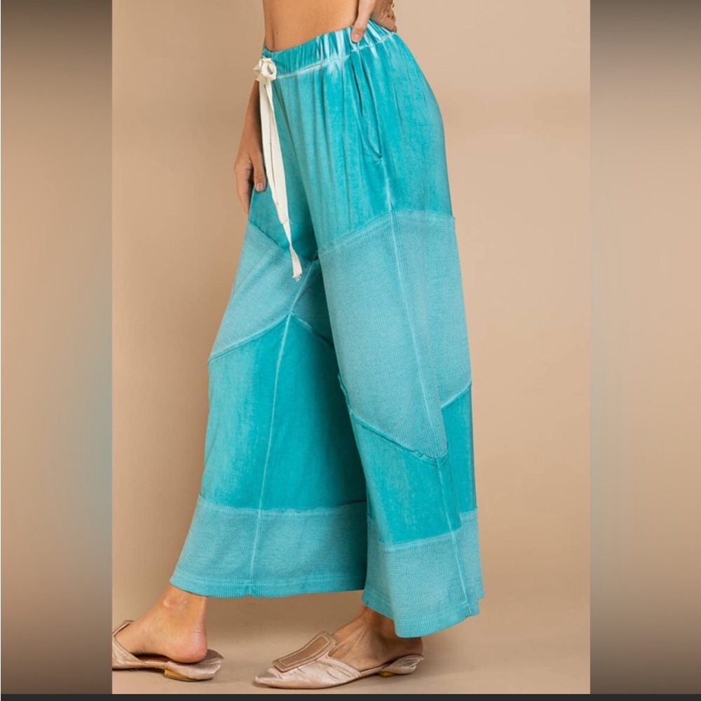 POL - AQUA GREEN Wide Leg Lounge Pants Lightweight Loose Knit Pants - Picture 2 of 12